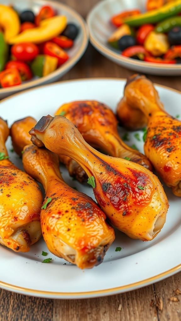Baked chicken drumsticks on a plate, garnished with herbs, served with roasted vegetables.